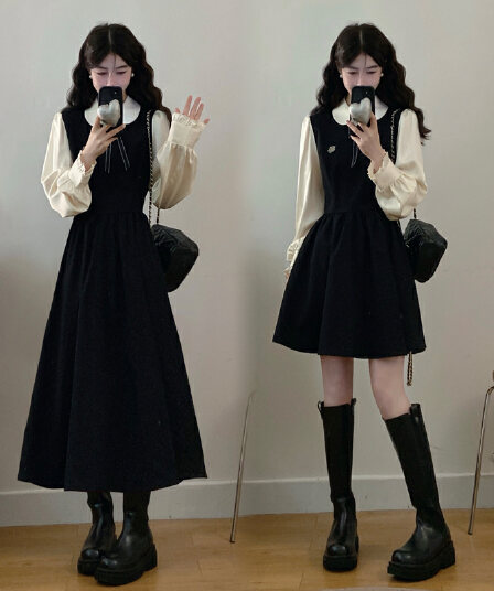 실사 가을 겨울 새로운 페이크 레이어드 베이비 칼라 디자인 연령 감소 마이크로 지방 빅 사이즈 허리 수축 학원 스타일 여성 드레스