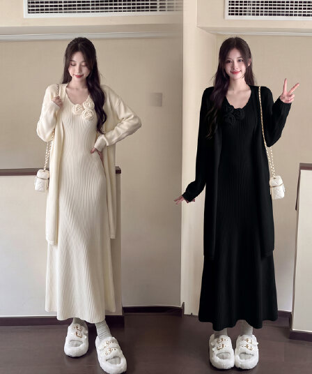 실사 우아함 품격 롱 코트 스웨터 오픈 가디건 빅 사이즈 마이크로 지방 슬림해 보이는 부드러운 찹쌀 느긋한 드레스 스웨터 투피스 세트