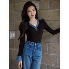 批发秋季设计感<b class='q'>时尚</b>撞色POIO领长袖T恤女修身显瘦假两件打底衫