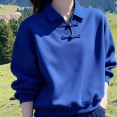 批发新中式国风蓝色盘扣卫衣外套女款独特<b class='q'>超</b>好看<b class='q'>大码</b>加绒上衣