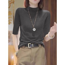 批发欧货半高领五分<b class='q'>袖</b>针织打底衫女春秋内搭灰色中<b class='q'>袖</b><b class='q'>T</b><b class='q'>恤</b>高端上衣