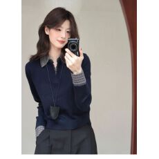 批发学院风藏蓝色polo领针织衫女春秋短款毛衣打底衫内搭翻领长袖上衣