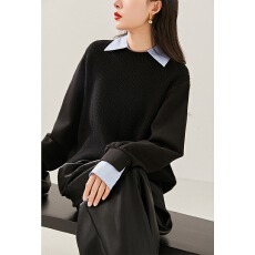 批发2025春秋季撞色假两件<b class='q'>衬衫</b>领针织长袖上衣 三拼毛衣女