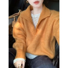 批发<b class='q'>韩版</b>时尚翻领纯色<b class='q'>长袖</b>针织衫女超好看的宽松显瘦时髦减龄穿搭上衣