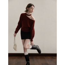 批发法式斜肩露肩显瘦长袖内搭<b class='q'>针织</b>毛衣女冬<b class='q'>打底衫</b>红色上衣