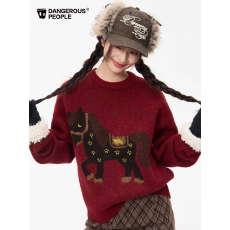 批发Dangerouspeople薛之谦dsp新款小马针织衫冬宽松慵懒情侣红色<b class='q'>毛衣</b>