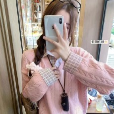 批发秋冬韩系假两件<b class='q'>格子</b>衬衫拼接设计感宽松长袖套头毛衣加厚针织衫女
