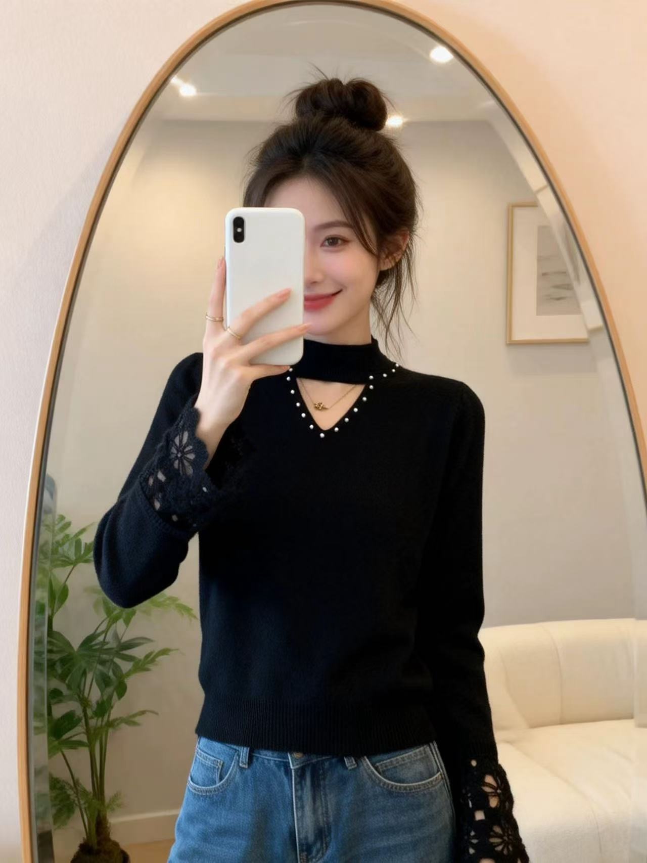 레이스 자수 패치워크 비즈 박기 반하이넥 스웨터 여자 가을 겨울 마이크로 지방 mm 빅 사이즈 인사이드 가져 가라. 니트 기본 셔츠 맨위