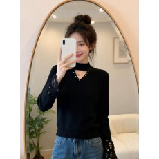 蕾丝钩花拼接钉珠半高领毛衣女秋冬微胖mm大码内搭针织打底衫上衣