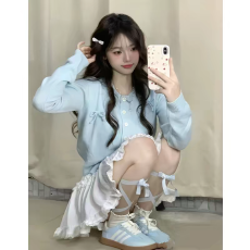 批发<b class='q'>女童</b>大童<b class='q'>早秋</b>芭蕾风针织开衫春秋小众甜美蝴蝶结软糯蓝色毛衣外套