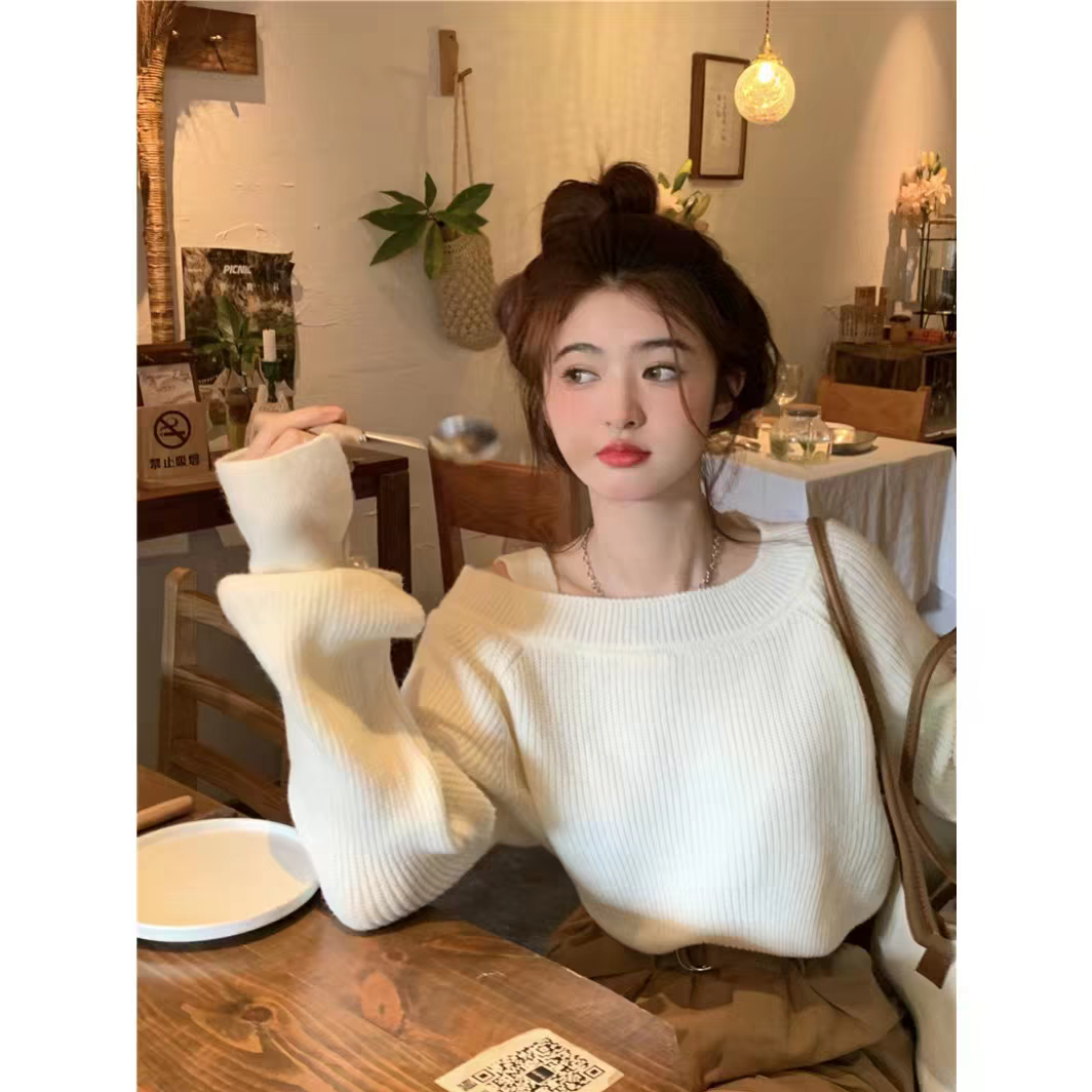 부드러운 작은 심장 기계 대 네클라인 오프숄더 순수한 욕망 스웨터 여성 겨울 한 부서 Chic 루즈핏 니트 맨위