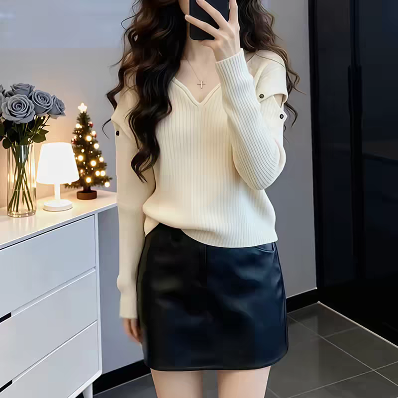 한 부서 chic 홀로우 아웃 V넥 스웨터 니트 스웨터 여성 겨울 새로운 연령 감소 자이언트 잘 생긴 ~ 중 인사이드 가져 가라. 화이트 맨위