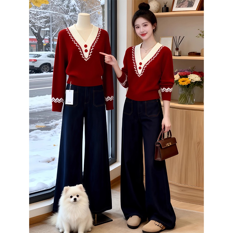 배색 V넥 부드러운 찹쌀 스웨터 여성 의류 2025 겨울 새로운 디자인 센스 패션 아름다운 다용도 트렌드 니트 스웨터