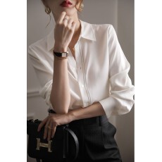 批发外贸出口专柜原单尾单da牌秋装高级感<b class='q'>OL</b>职场polo领白色<b class='q'>衬衫</b>上衣女