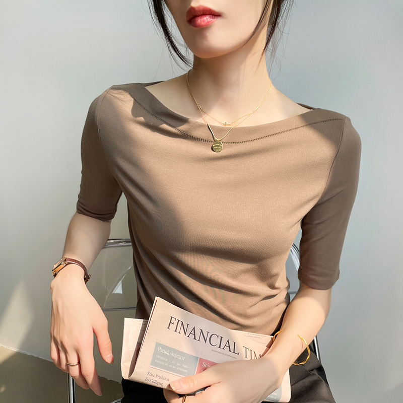 긍정적 인 어깨 5 점 소매 반팔 티셔츠 여성 여름 오프숄더 2026 화이트 고급 센스 모달 맨위 기본 셔츠
