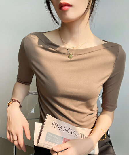 긍정적 인 어깨 5 점 소매 반팔 티셔츠 여성 여름 오프숄더 2026 화이트 고급 센스 모달 맨위 기본 셔츠