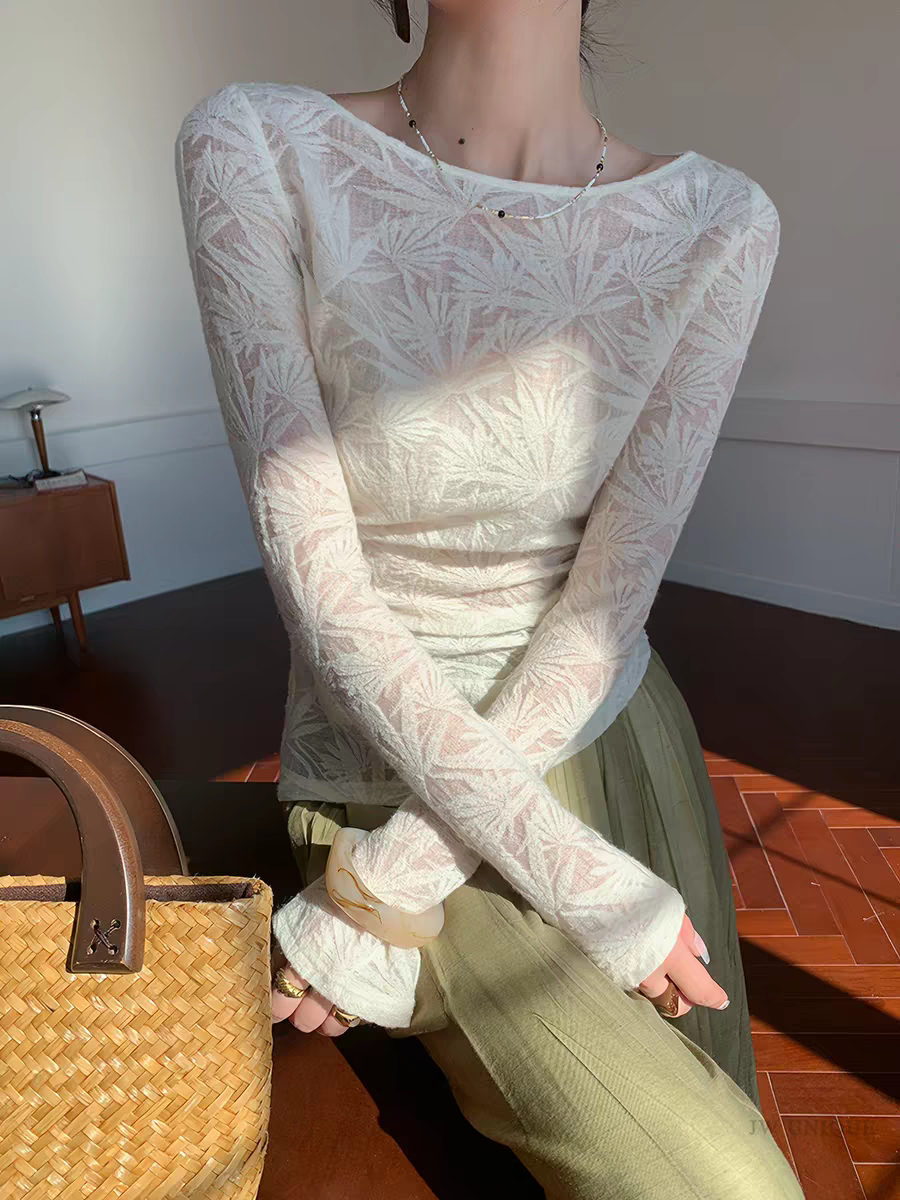 jwunique 딤플 베이지 색 패션 품격 긴팔 티셔츠 여성 2026 봄 가을 새로운 몸매 가꾸기 작은 대중 맨위