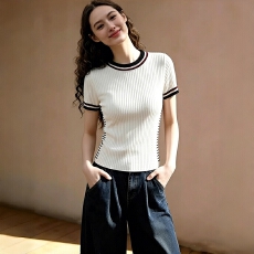 批发外贸专柜出口女装圆领短袖2026春季韩版上衣短款针织t恤杏色上衣