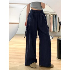 藏青色蝴蝶结绑带工装裤女夏季新款阔腿慵懒休闲百搭裤子