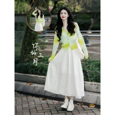 批发早春穿搭一整套<b class='q'>大码</b>胖mm多巴胺渐变绿色针织开衫半身裙森系套装女