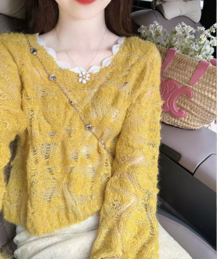 봄 루즈핏 느긋한 바람 황색 긴팔 맨위 여성 한 부서 디자인 센스 풀오버 찢어진 부분 홀로우 아웃 스웨터 니트 스웨터