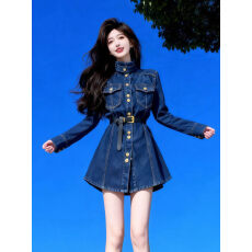 批发复古蓝色立领牛仔连衣裙2026春季新款气质<b class='q'>高级</b>感法式短款裙子女装