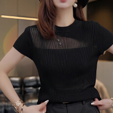 批发高级感镂空针织衫短袖<b class='q'>t</b><b class='q'>恤</b>女夏季显瘦打底衫简约套头上衣