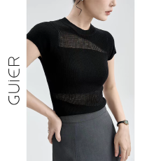 批发显瘦工程师！灰色针织短袖女镂空修身上衣夏