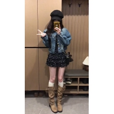 批发法式浪漫收腰短裙碎花吊带连衣裙+蓝色<b class='q'>牛仔</b>短外套两件套