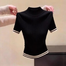 批发高端欧货半高领短袖针织<b class='q'>打底衫</b>女春夏内搭修身t恤黑色<b class='q'>条纹</b>上衣女
