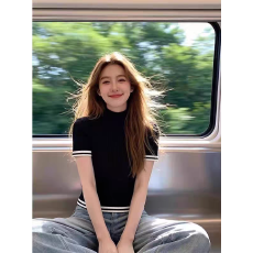 批发黑色高领撞色<b class='q'>条纹</b>短袖针织衫女时尚修身显瘦气质百搭减龄打底上衣