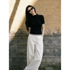 批发黑色半高领<b class='q'>条纹</b>针织短袖T恤女早春高知穿搭半袖<b class='q'>打底衫</b>内搭小上衣