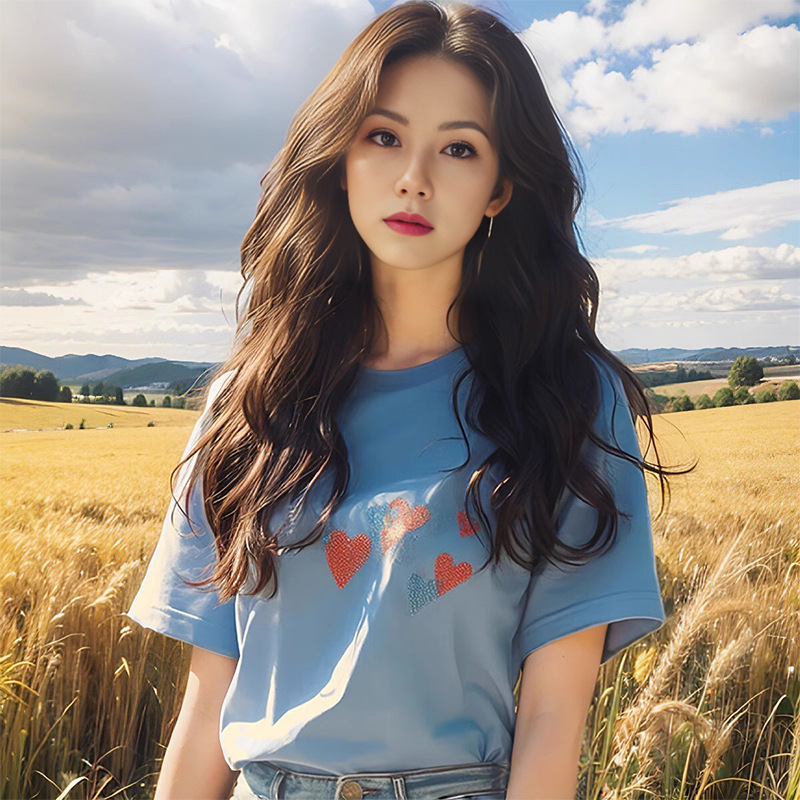파란색 하트 프린트 긍정적 인 어깨 반팔 티셔츠 여성 2026 새로운 고유 한 Chic 아름다운 디자인 센스 맨위 여성 여름