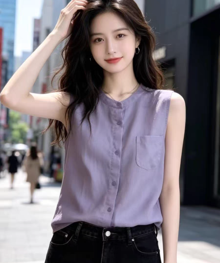 연한 자주색 실크 민소매 셔츠 여성 여름 새로운 미니멀리즘 주머니 루즈핏 슬림해 보이는 품격 뽕나무 누에 실크 맨위
