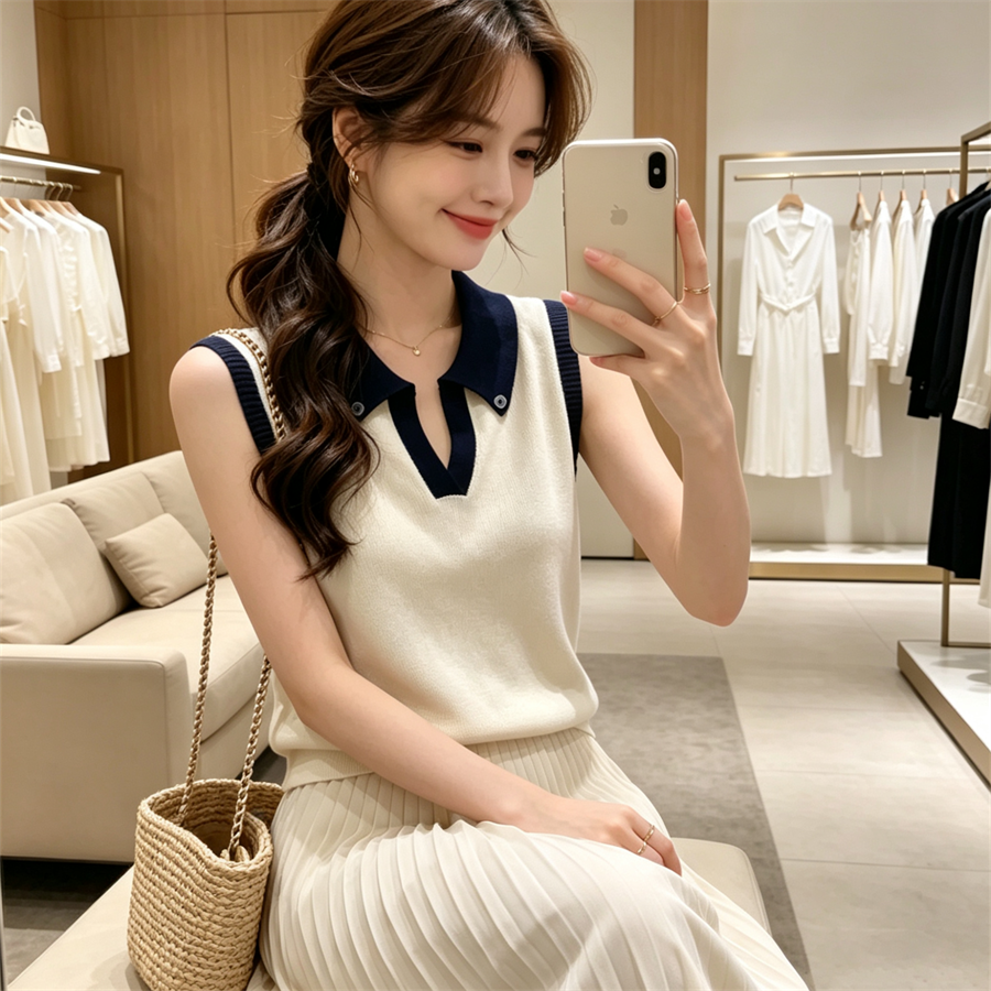 한 부서 몸매 가꾸기 폴로 칼라 단추 패치워크 색상 니트 스웨터 조끼 여성 고급 센스 아름다운 슬림해 보이는 품격 민소매 맨위 여름