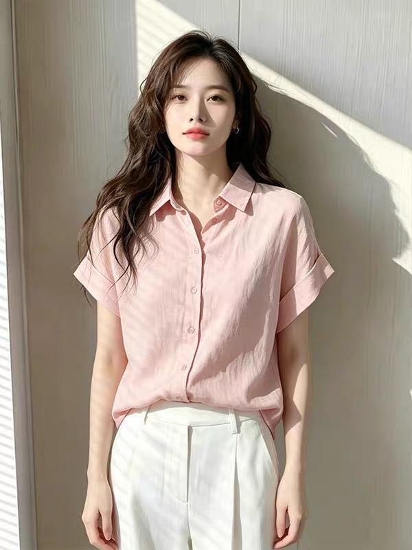 출퇴근 착용 가져 가라. 핑크색 POLO 칼라 반팔 여성 셔츠 2026 여름 루즈핏 슬림해 보이는 프랑스식 사소한 아름다운 맨위