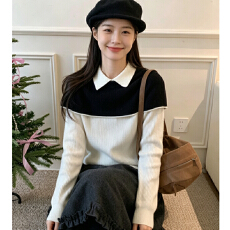 批发黑白撞色假两件翻领长袖针织衫女秋季新款<b class='q'>修身</b><b class='q'>打底衫</b>气质上衣