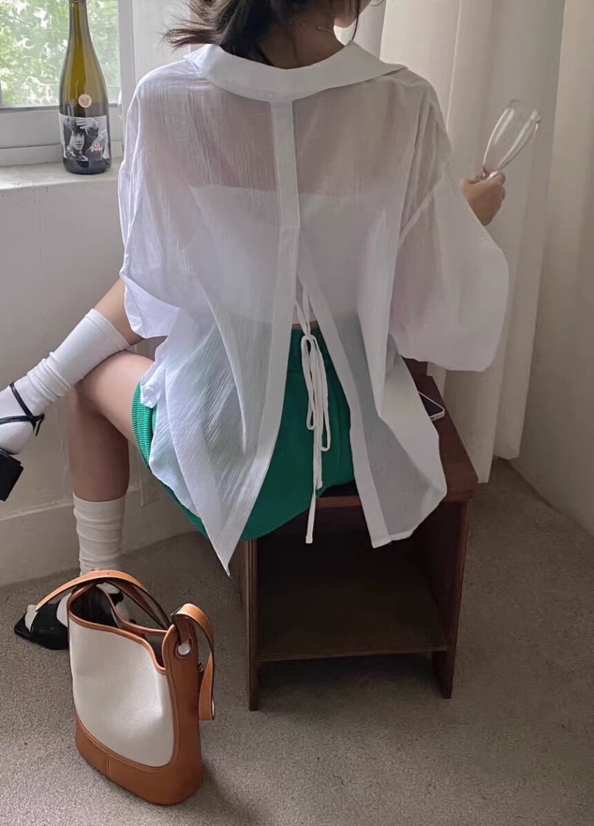 chic 봄 프랑스식 품격 폴로 칼라 작은 심장 기계 뒤로 트임 디자인 센스 마이크로 ~을 통해 얇은 스타일 자외선 차단