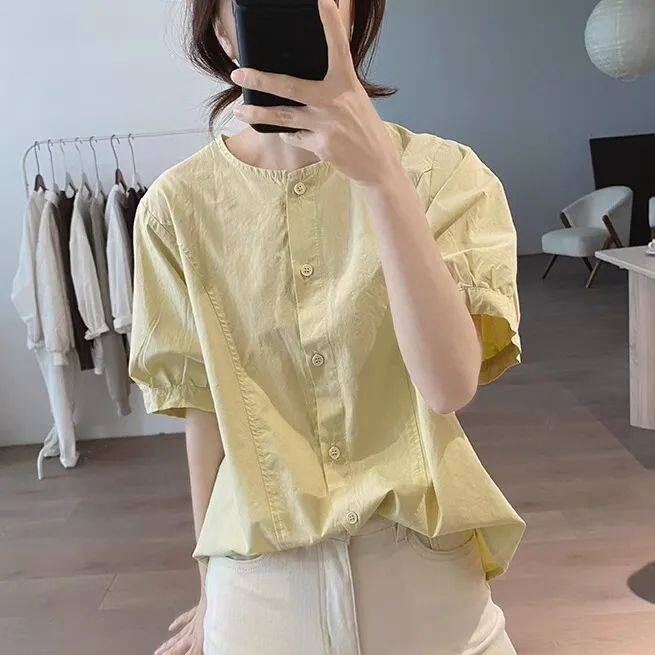 라운드 넥 순면 여성 셔츠 여름 새로운 루즈핏 슬림해 보이는 미니멀리즘 작은 대중 디자인 센스 반팔 기초 섹션 연령 감소 맨위