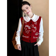 批发秋<b class='q'>冬</b>本命年红色卡通刺绣针织马甲女