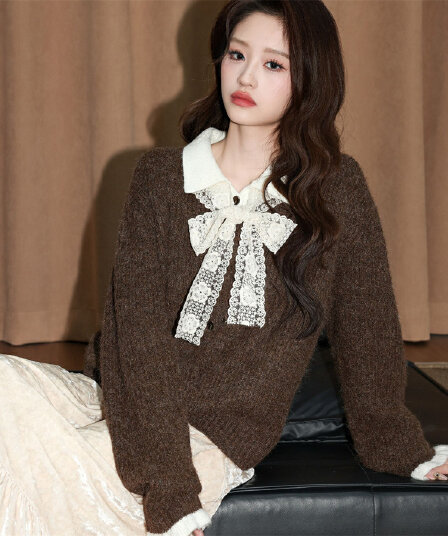 폴로 칼라 페이크 레이어드 스웨터 여성 코트 가을 겨울철 새로운 레이스 나비 매듭 니트 오픈 가디건 쇼트 스타일 맨위