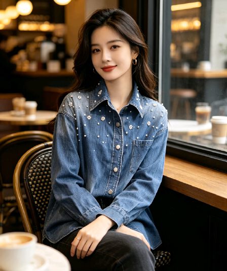 봄 가을 여름 섹션 여성 의류 프랑스식 신선함 캐주얼 면 소재 파란색 폴로 칼라 모방 진주 장식 데님 셔츠