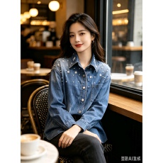 批发春秋夏款女装法式清新休闲棉质蓝色翻领仿珍珠装饰<b class='q'>牛仔</b>衬衫