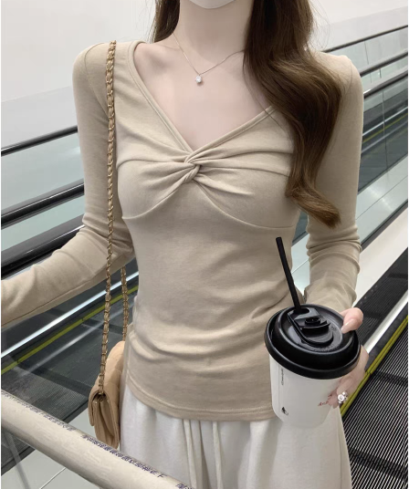한 부서 비틀림 V넥 긴팔 티셔츠 여성 여름 패션 몸매 가꾸기 섹시함 인사이드 가져 가라. 기본 셔츠 디자인 센스 작은 대중 맨위