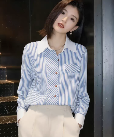 파란색 스트라이프 여성 셔츠 2026 봄 새로운 품격 출퇴근 프랑스식 셔츠 슬림해 보이는 긴팔 맨위