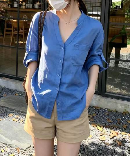 오래된 돈 바람 V넥 긴팔 여성 셔츠 2026 여름 얇은 스타일 루즈핏 느긋한 디자인 센스 파란색 셔츠 자외선 차단 재킷