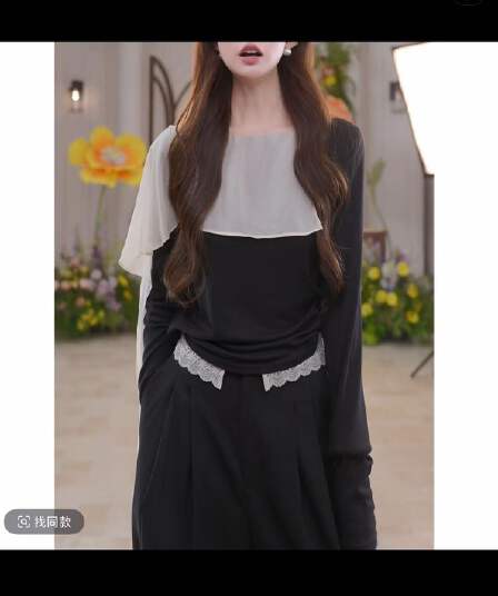 배색 패치워크 프릴 페이크 레이어드 긴팔 티셔츠 여성 가을 2026 새로운 슬림해 보이는 품격 오프숄더 맨위