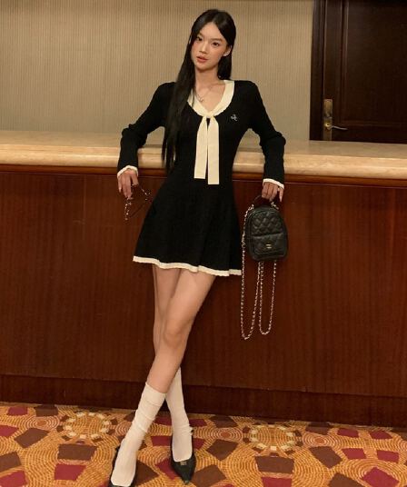 레드 맨 큐레이터 소매 여성 드레스 가을 자이언트 잘 생긴 ~ 중 프랑스식 검정색 관대 한 점잖은 아름다운 페이크 레이어드 치마