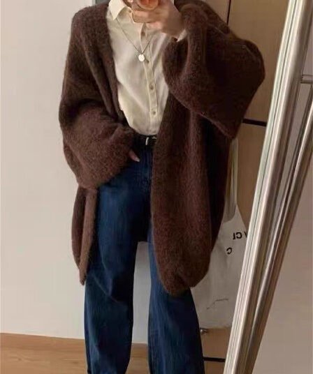 한 부서 느긋한 바람 부드러운 찹쌀 스웨터 여성 코트 가을 겨울 루즈핏 대 에디션 두꺼운 외국 가스 니트 오픈 가디건 외부 가져 가라.
