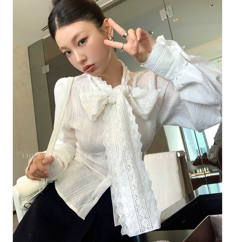 法式重工蕾丝拼接大蝴蝶结白衬衫...
